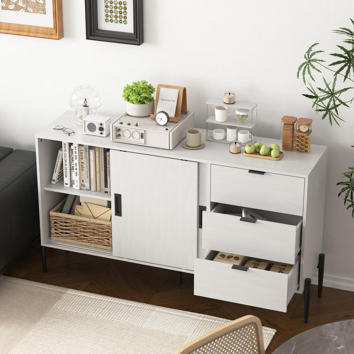 SIDEBOARD 2 Türen x 3 Schubladen, Weiß mit geripptem Glas, Konsolenschrank, eleganter Aufbewahrungs- und Ablagetisch, 155/40/91,5 cm, Weiß - Weiß, Holzwerkstoff (155/91.5/40cm) - Redom