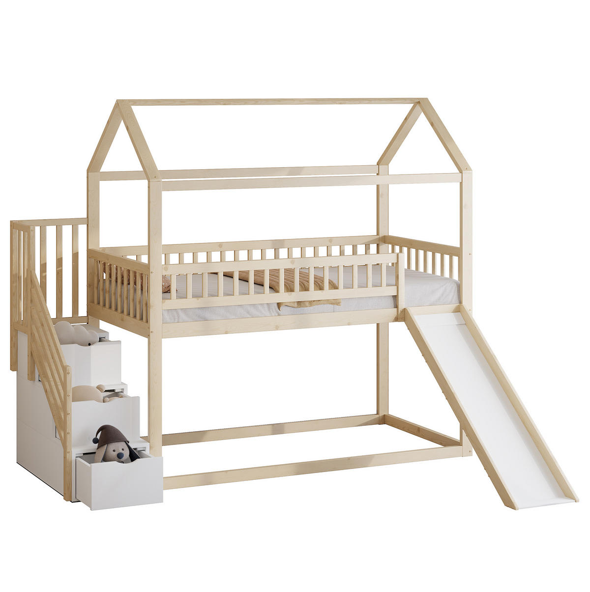 VYSOKÁ posteľ 90/200 cm prírodná farba dreva z dreva s šmykľavkou a úložným rebríkom - biela, drevo (90/200cm) - OKWISH
