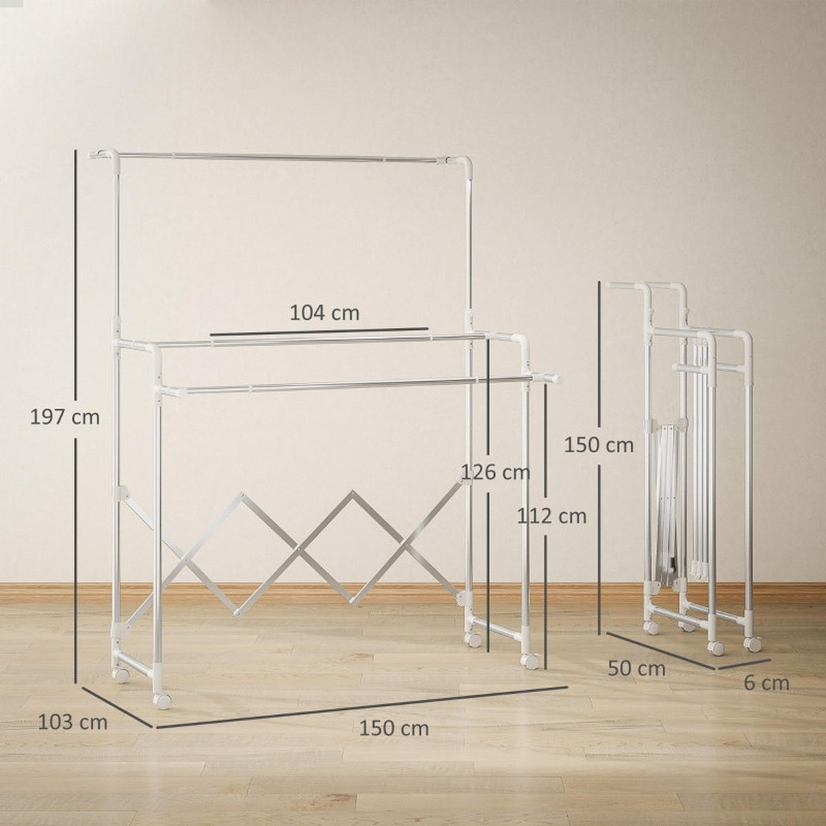 GARDEROBENSTÄNDER faltbar aus Edelstahl mit 3 ausziehbaren Stangen und Rollen - Silberfarben, Metall (150/197/103cm) - BEAOK