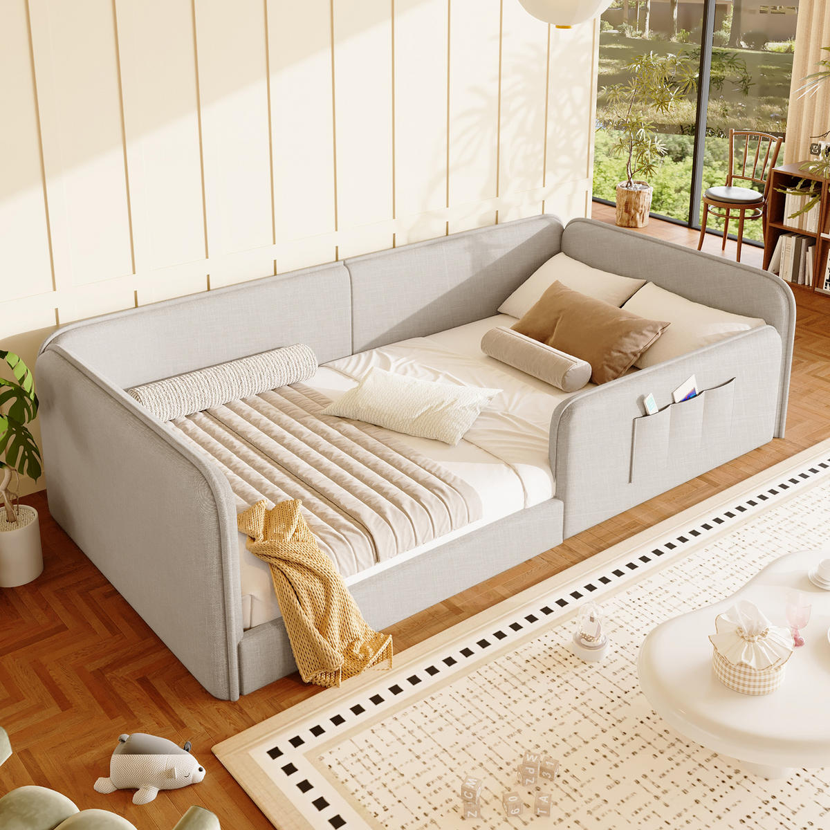 POLSTERBETT 90/200 cm in Beige mit Rundum-Sicherheitsrahmen, Schaumstoffpolsterung und Aufbewahrungstaschen aus Leinen - Beige, Holzwerkstoff/Textil (90/200cm) - STILVORA