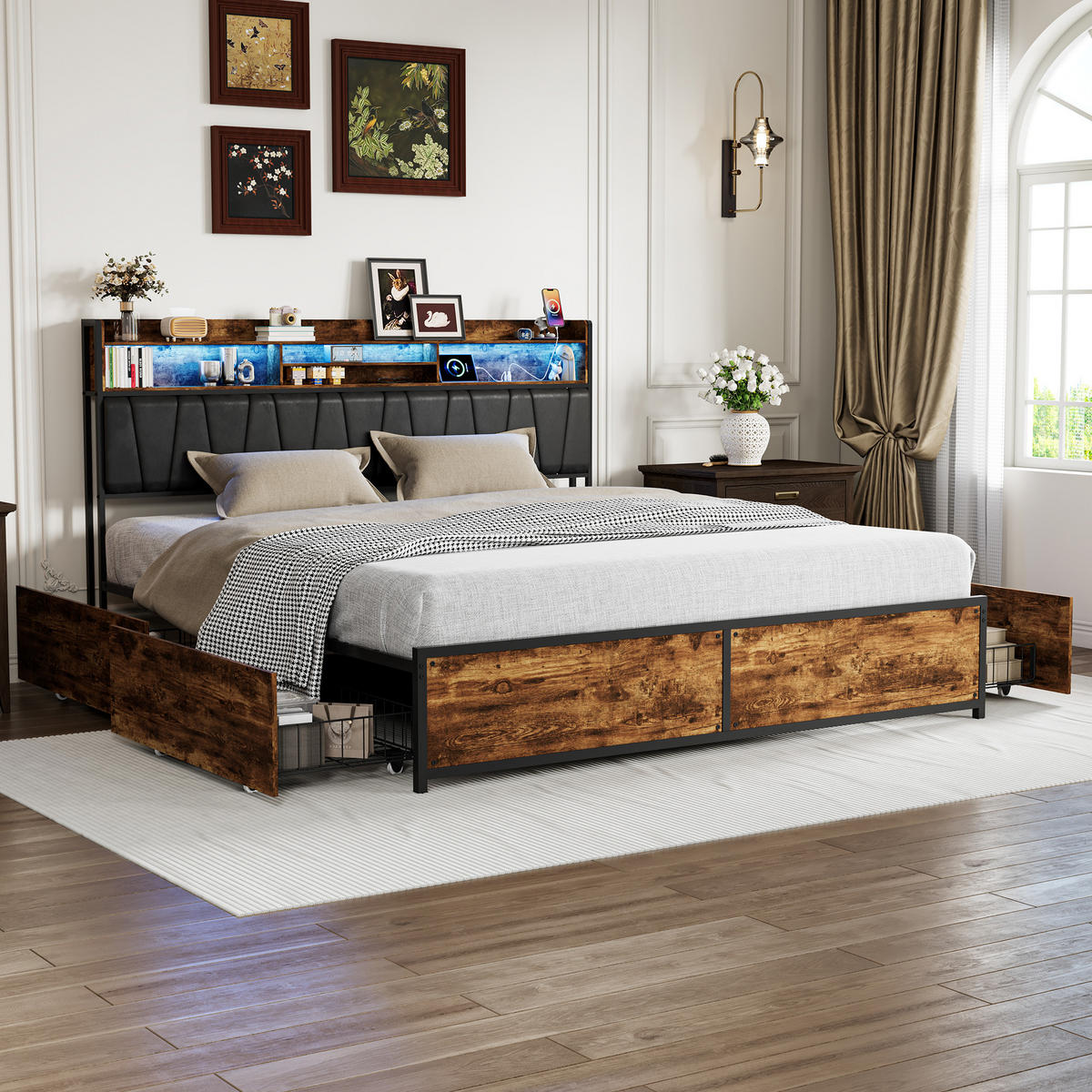 POLSTERBETT 180x200 cm Schwarz mit LED, USB-C & 4 Schubladen - Schwarz, Holz (180/200cm)