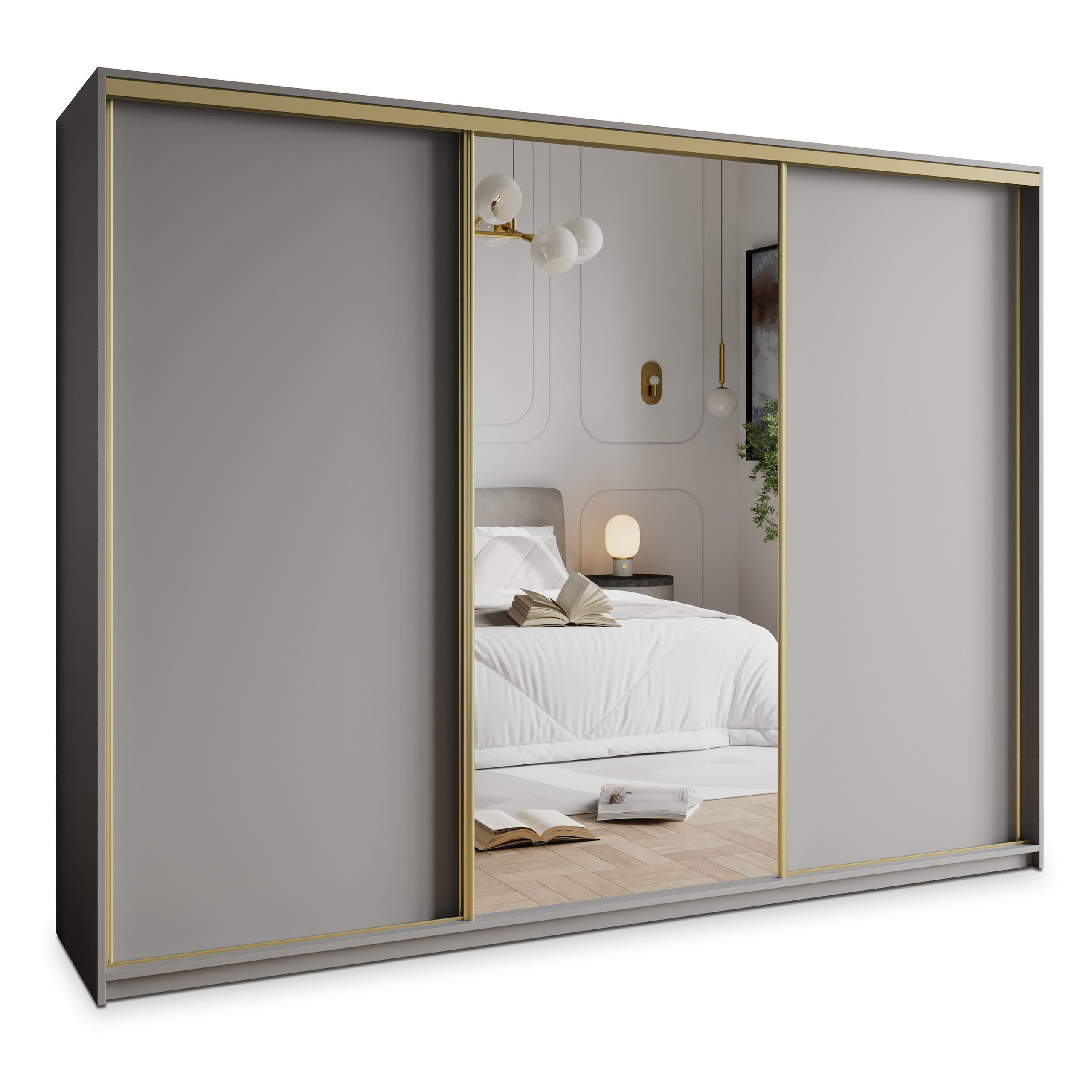 SCHWEBETÜRENSCHRANK TAVI 250/205/60 cm 3-türig mit Spiegel und Schubladen Graphitfarben - Goldfarben/Graphitfarben, Holzwerkstoff (250/205/60cm) - MASSENO