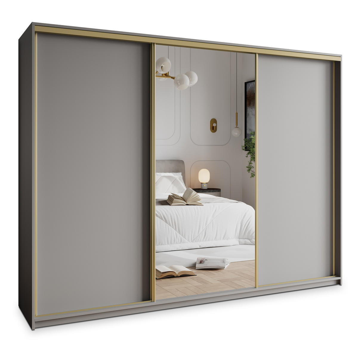 SCHWEBETÜRENSCHRANK TAVI 250/205/60 cm 3-türig mit Spiegel und Schubladen Graphitfarben - Goldfarben/Graphitfarben, Holzwerkstoff (250/205/60cm) - MASSENO
