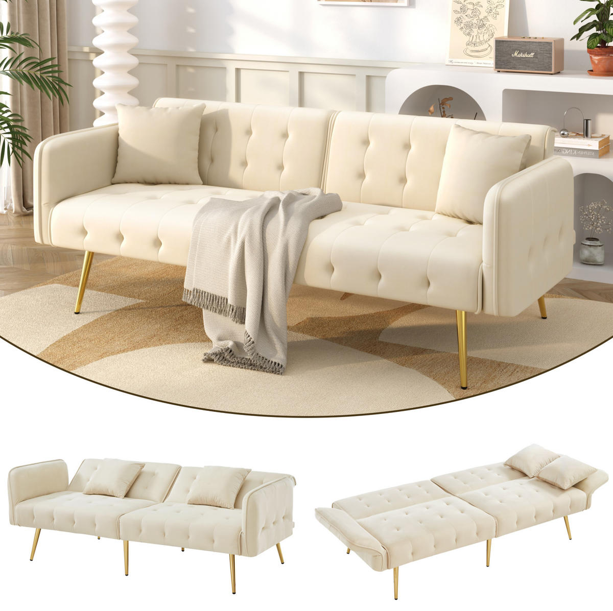 SOFABETT mit verstellbarer Rückenlehne 215 x 81,5 cm Velours Beige - Beige, Kunststoff (178/70/82cm) - Meubliv