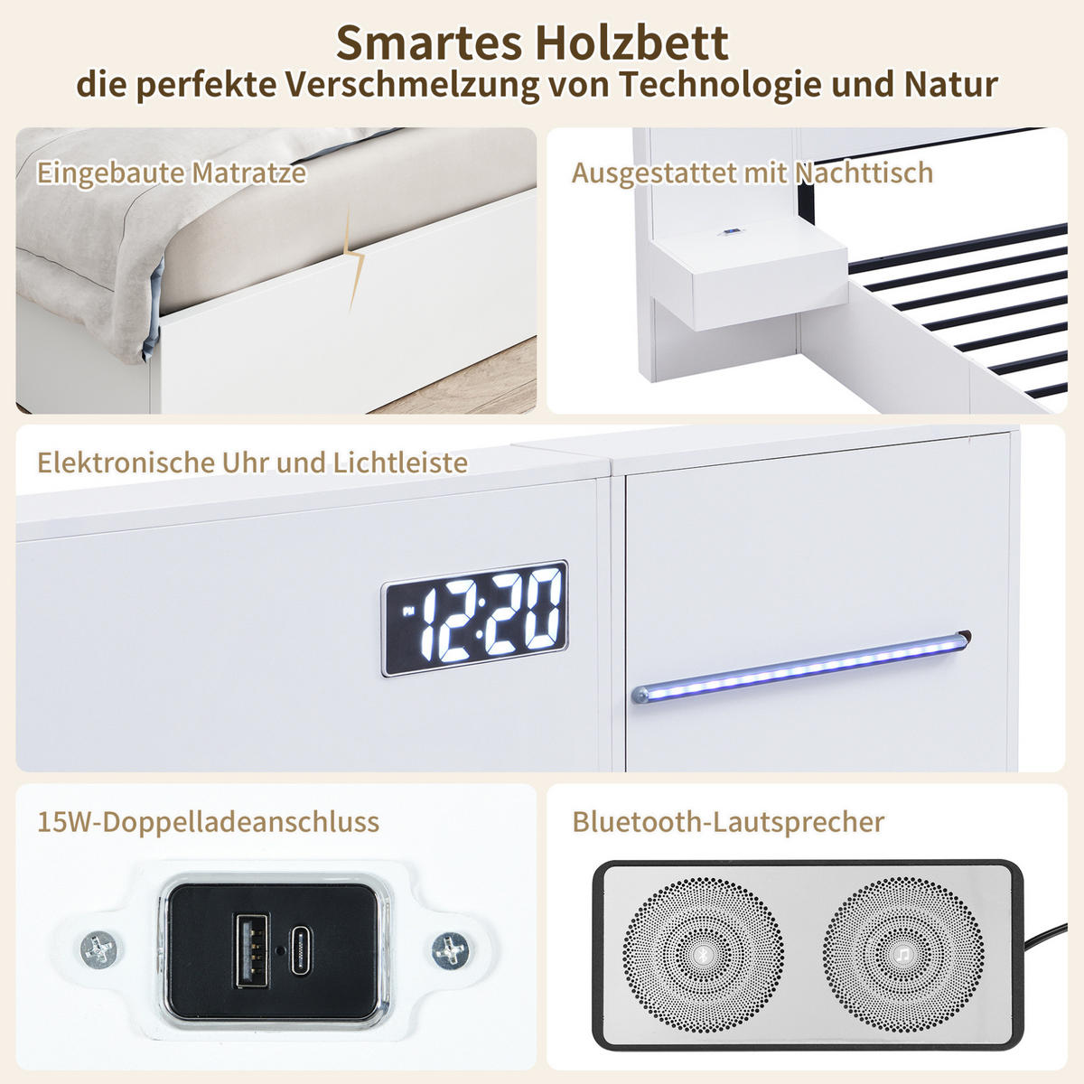 POLSTERBETT aus MDF 180x200 cm Weiß mit Bluetooth-Lautsprechern, USB-A/USB-C, LED-Farblichtleiste und 2 Nachttischen - Weiß, Holzwerkstoff (180/200cm) - Modfu