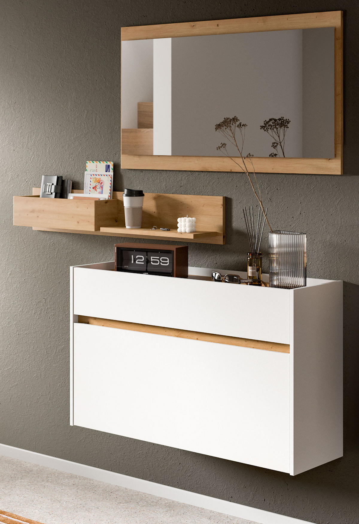 GARDEROBE-SET weiß und Artisan Eiche, Garderobe 3-teilig, 140 x 197 cm, Borga - Weiß/Eiche Artisan, Holzwerkstoff (140/197/32cm) - Inn.Furn