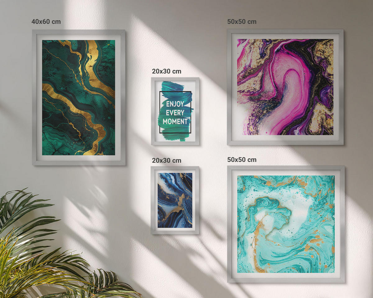 BILDER SET 5er Set - 50x50 cm & 20x30 cm & 40x60 cm Silberner Rahmen - Abstrakte Muster in Rosa, Grün und Blau - Silberfarben, Kunststoff (40/60cm) - TULUP