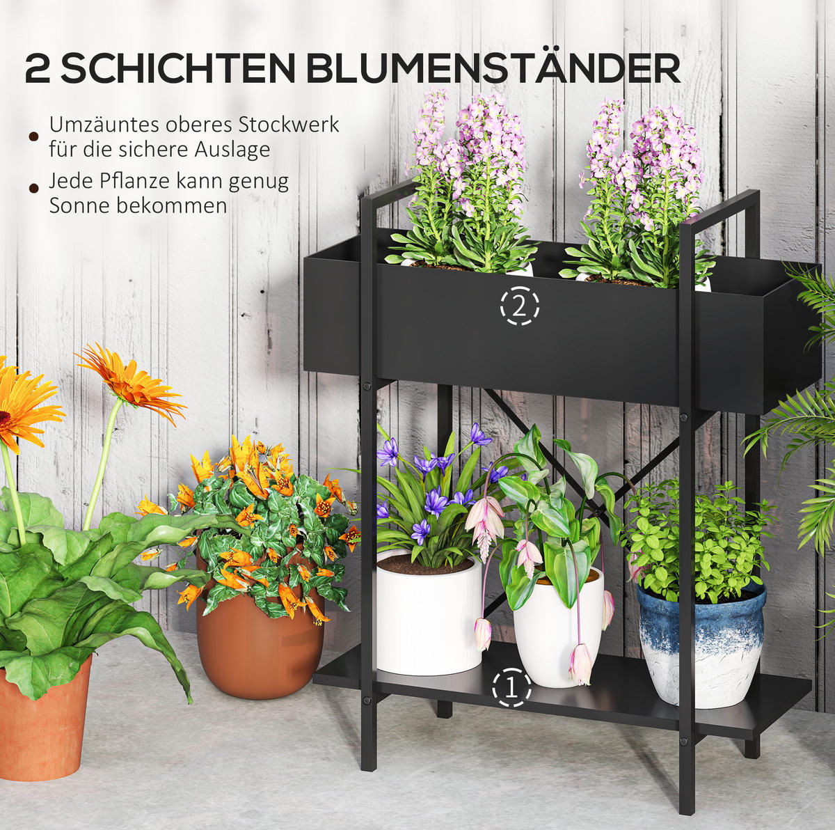 GARTENREGAL aus Metall 60x25x70 cm in Schwarz mit 2 Ebenen - Schwarz, Metall (25/70/60cm) - Modfu