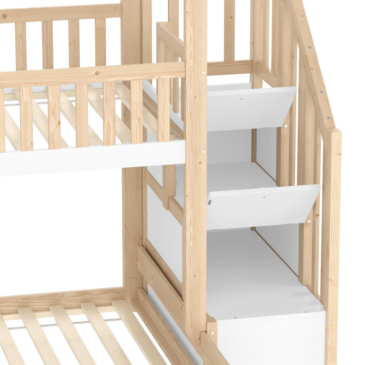 ETAGENBETT 90/200 cm + 140/200 cm mit Stauraumleiter, Hausoptik und Bettgitter aus Kiefernholz, Natur/Weiß - Naturfarben, Holzwerkstoff (90/200cm) - Redom
