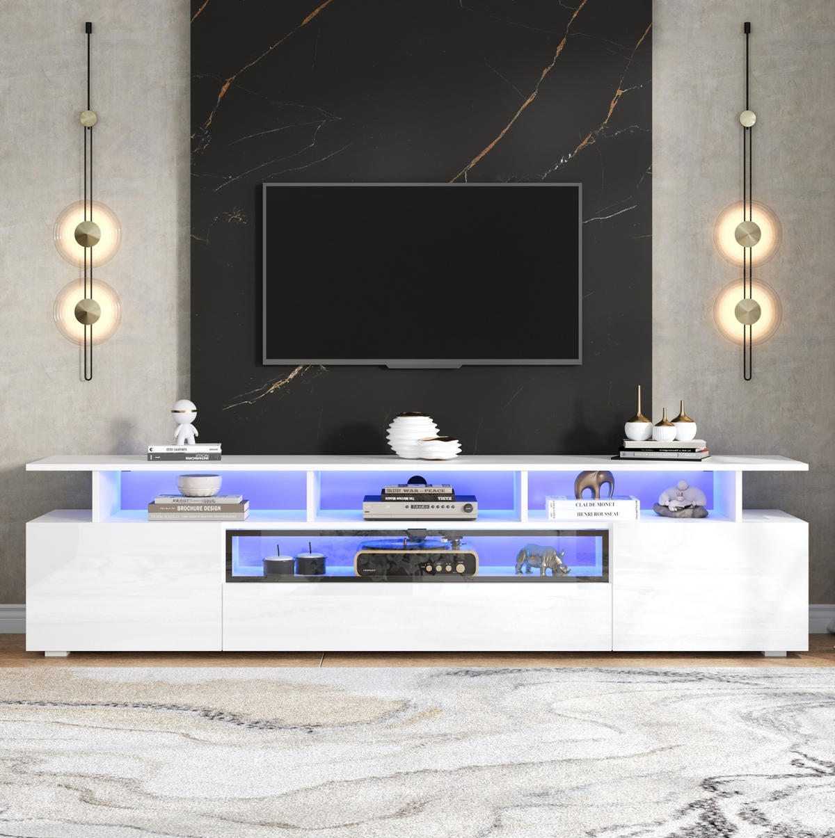 TV-SCHRANK 180/38/45 cm weiß Hochglanz mit 2 Schränken, 1 Schublade und LED-Beleuchtung - Weiß, Holzwerkstoff (180/45/38cm) - OKWISH