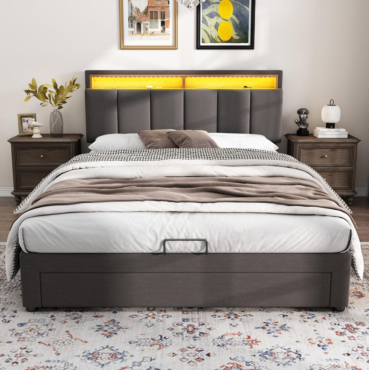 POLSTERBETT mit LED-Beleuchtung 140x200 cm Leinenoptik Grau - Grau, Metall (140/200cm) - Meubliv