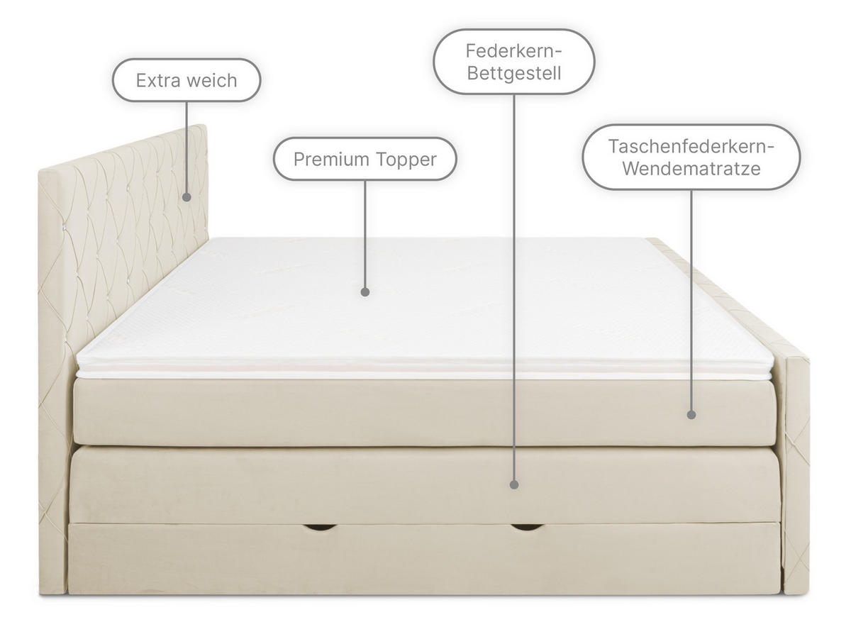 BOXSPRINGBETT Dubai Beige 160 /200 cm H3/H4 Samt - Beige, Textil (160/200cm) - wonello