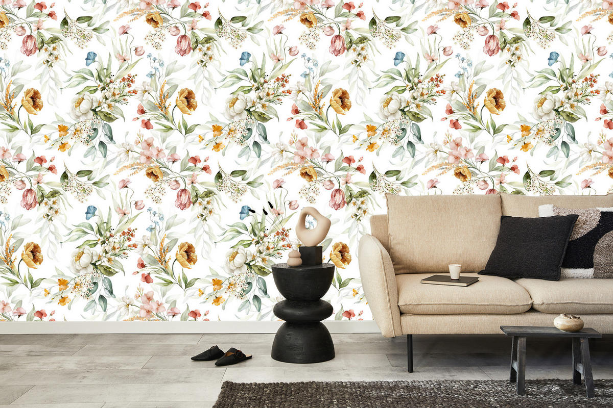 VLIESTAPETE Aquarell-Wiesenblumen – Bunt, Weiß – 50x1000 cm - Multicolor/Weiß, Papier (50/1000cm) - Muralo