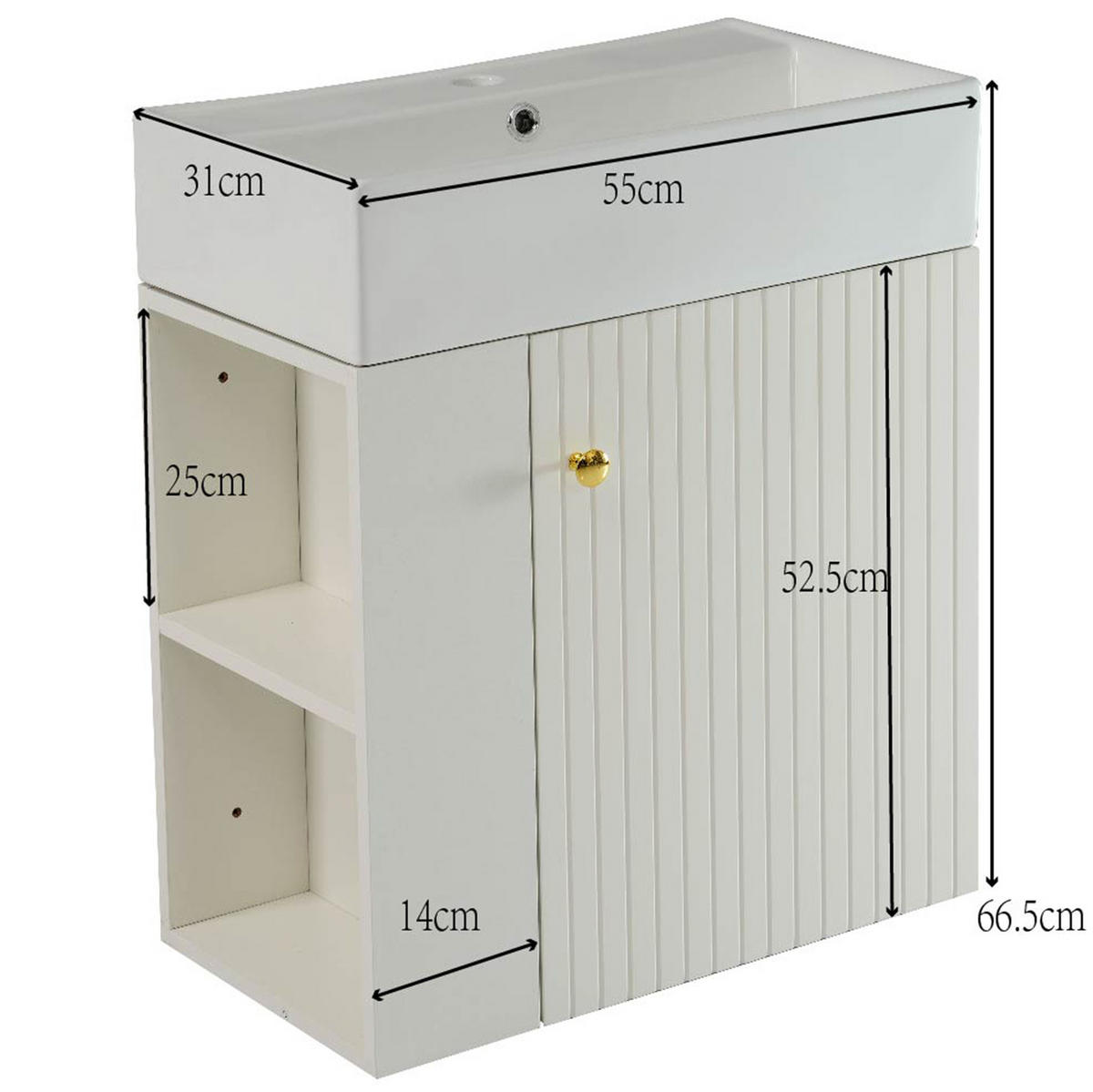 WASCHTISCHKOMBI 55x31x66.5cm Weiß aus Particle Board mit integriertem Keramikbecken & Stauraum - Weiß, Holzwerkstoff (55/66.5/31cm) - Modfu