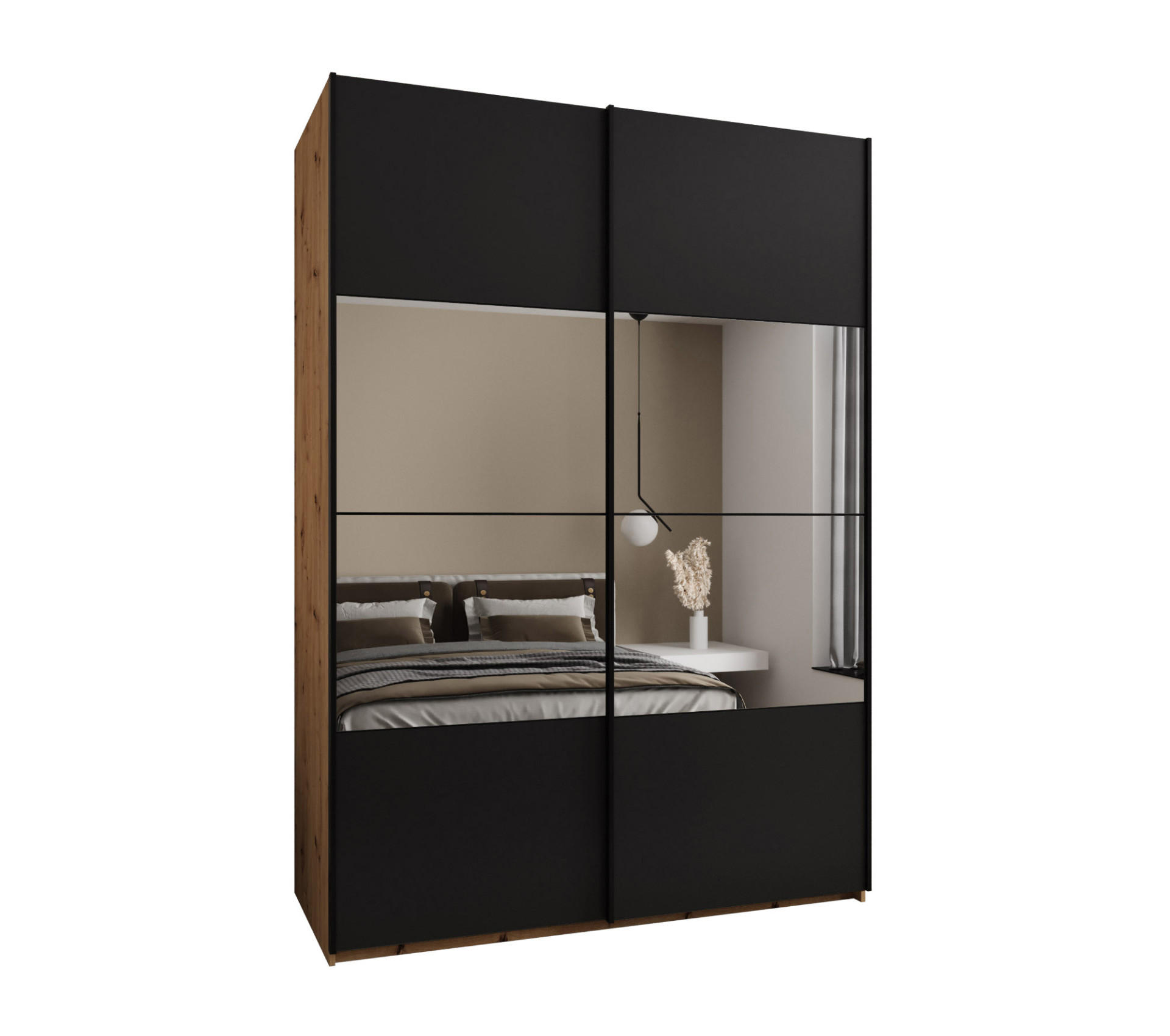 Abiks Möbel Schwebetürenschrank Eiche Artisan, Schwarz, Schwarz 170x245x64 cm