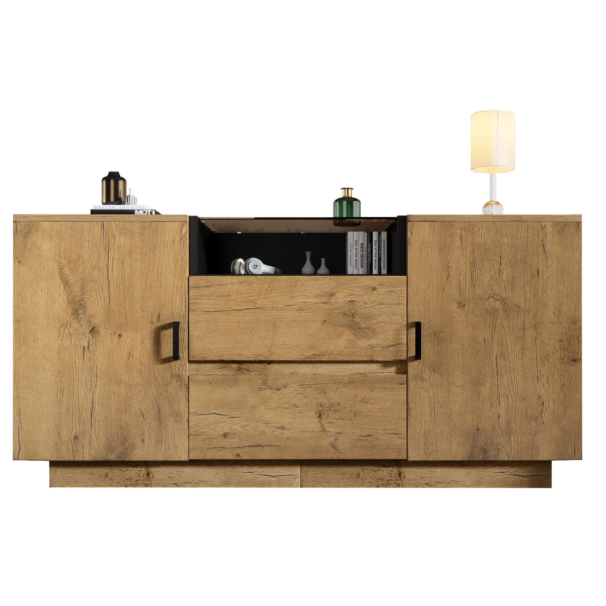 SIDEBOARD 140/40/70 cm in Eiche mit 2 Schubladen, ESG-Glas und offenen Fächern - Eichefarben, Glas (140/70/40cm) - Flora Grace