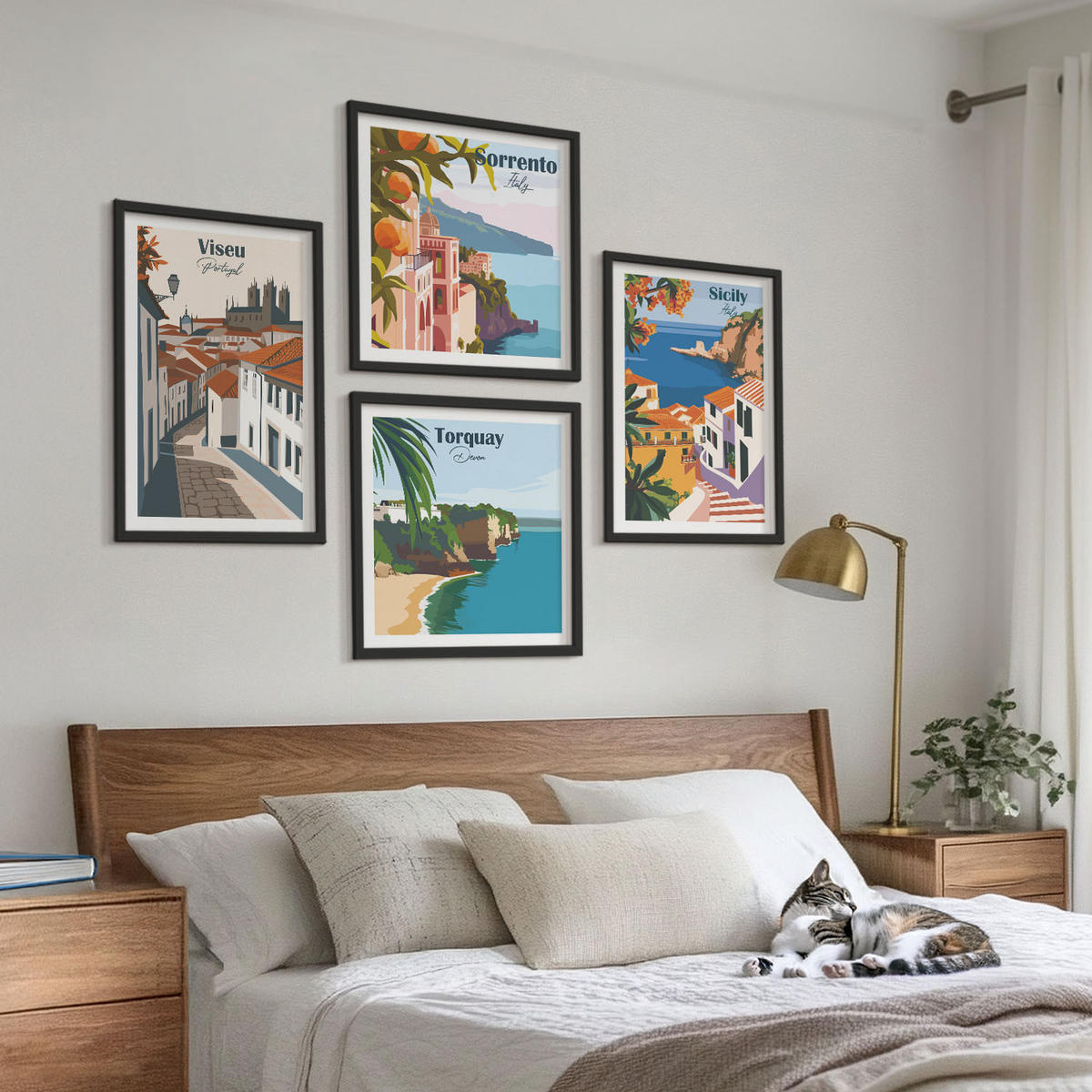 WANDBILDER 4er-Set - 50x50 cm & 40x60 cm Schwarzer Rahmen - Retro-Illustrationen von Weltstädten - Schwarz, Kunststoff (50/50cm) - ArtPrintCave