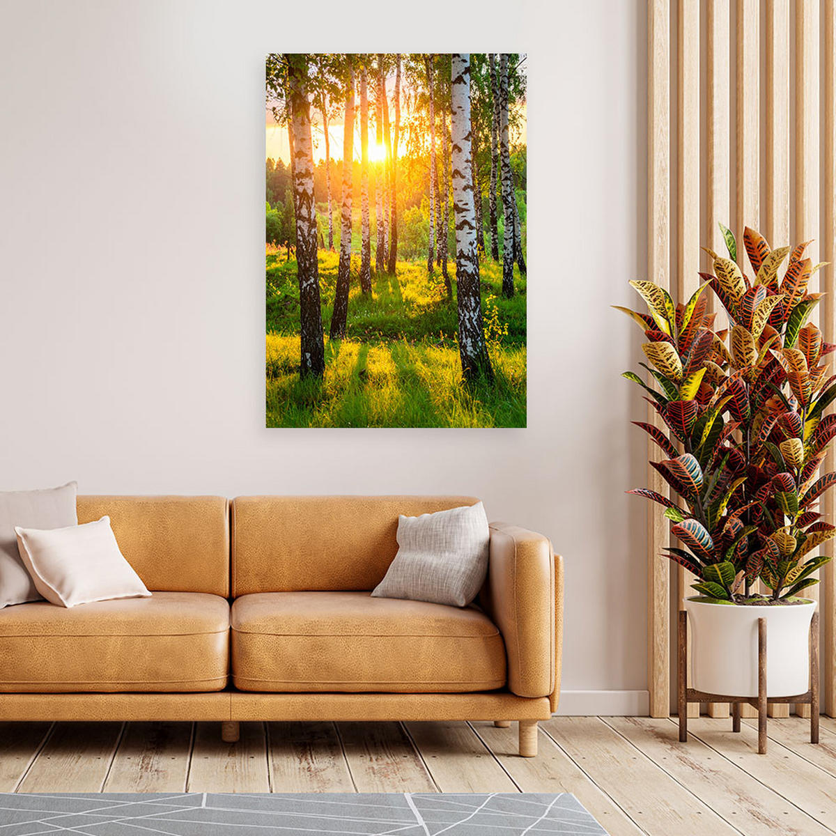 LEINWANDBILD Birken Bäume Sonnenuntergang 70x100cm - Grün, Textil (70/100cm) - Feeby