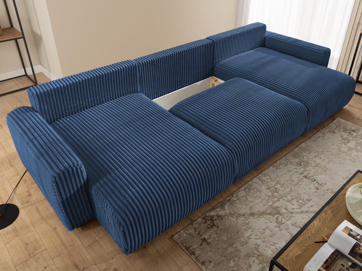 WOHNLANDSCHAFT Calma mit Schlaffunktion und Bettkasten im Bumpy-Design aus weichem Marineblau Plüschcord - Blau/Beige, Holz/Textil (336/88/140cm) - S-Style