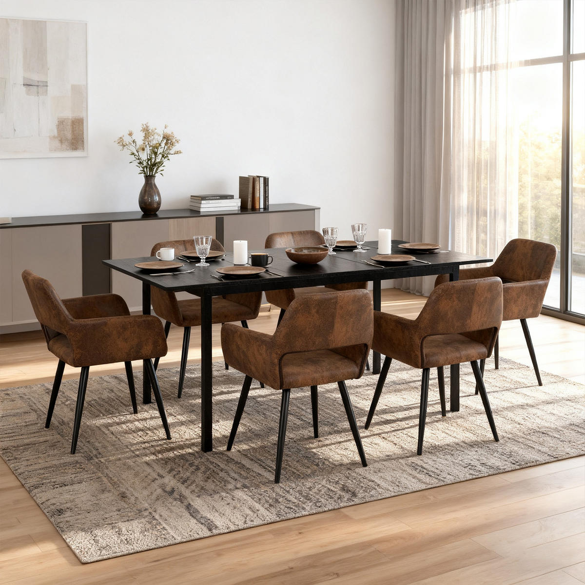 ESSGRUPPE mit Tisch und 6 Armlehnstühlen in Wildlederoptik, Braun - Schwarz/Braun, Textil/Metall (56/78/56cm) - Meubles Cosy