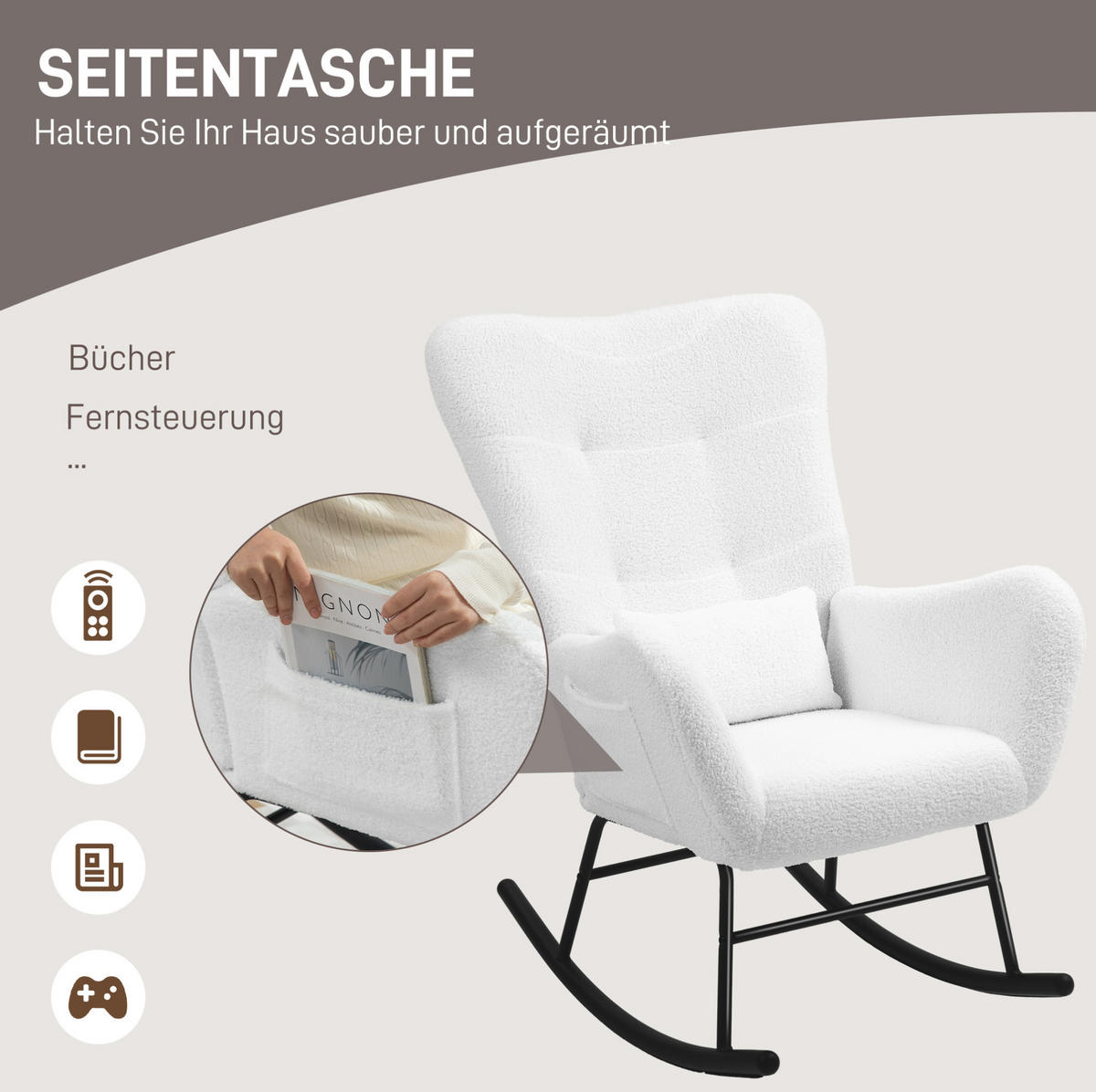 SCHAUKELSTUHL Teddystoff-Optik mit Seitentasche 67/95/100 cm Weiß - Weiß, Textil (67/100/95cm) - Redom