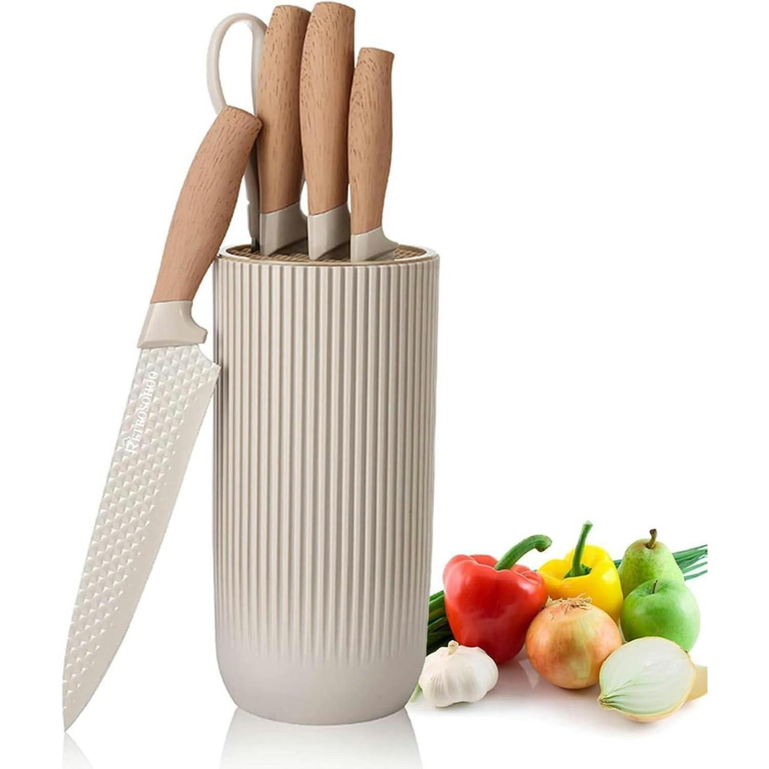 MESSER Set 6-teiliges Khaki Edelstahl mit Messerblock - Creme, Metall