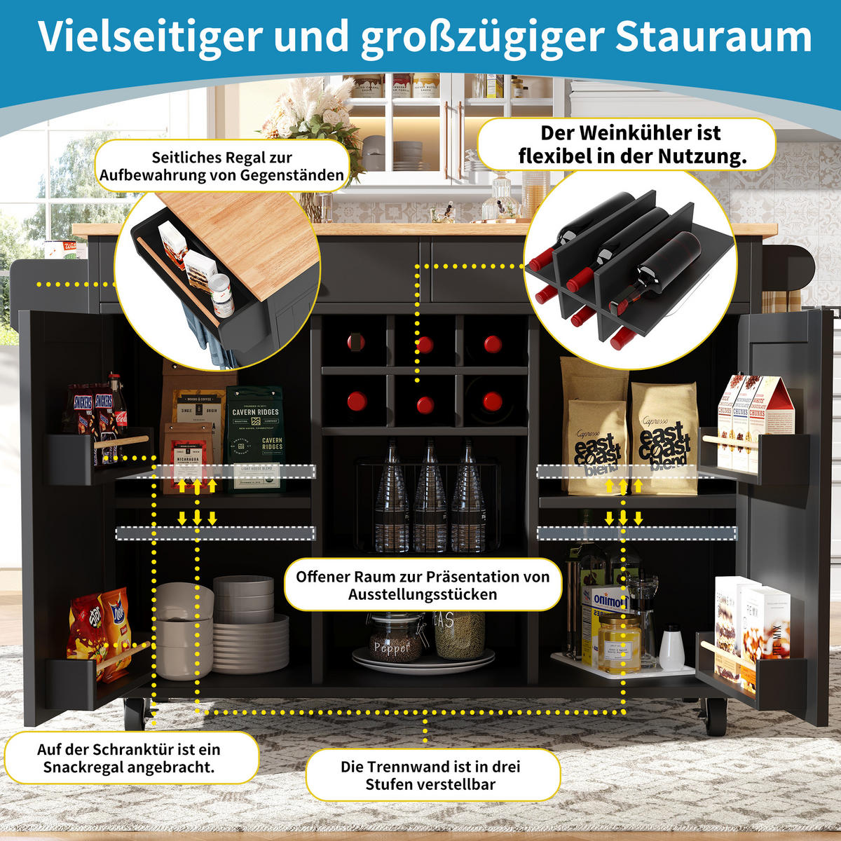 KÜCHENINSEL 102/45/92 cm schwarz und Metall mit Rollen und Weinregal - Schwarz, Holzwerkstoff (102/92/45cm) - OKWISH