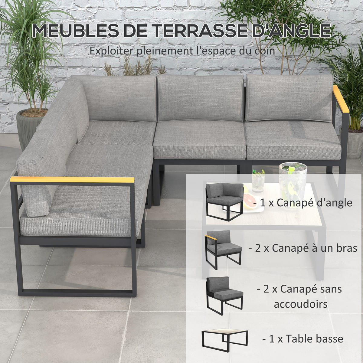 LOUNGEGARNITUR 6-teilig DE-13398 Schwarz/Holzoptik - Grau, Metall - ComfortXL
