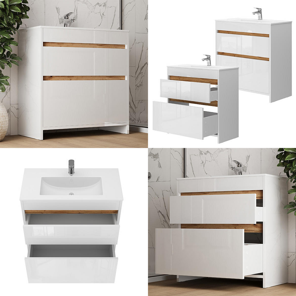 WASCHTISCHKOMBI Detmold, Weiß, 2 Teile, Unterschrank 80 cm - Weiß Hochglanz/Eiche Wotan, Holzwerkstoff (79.8/81.9/40cm) - Vicco