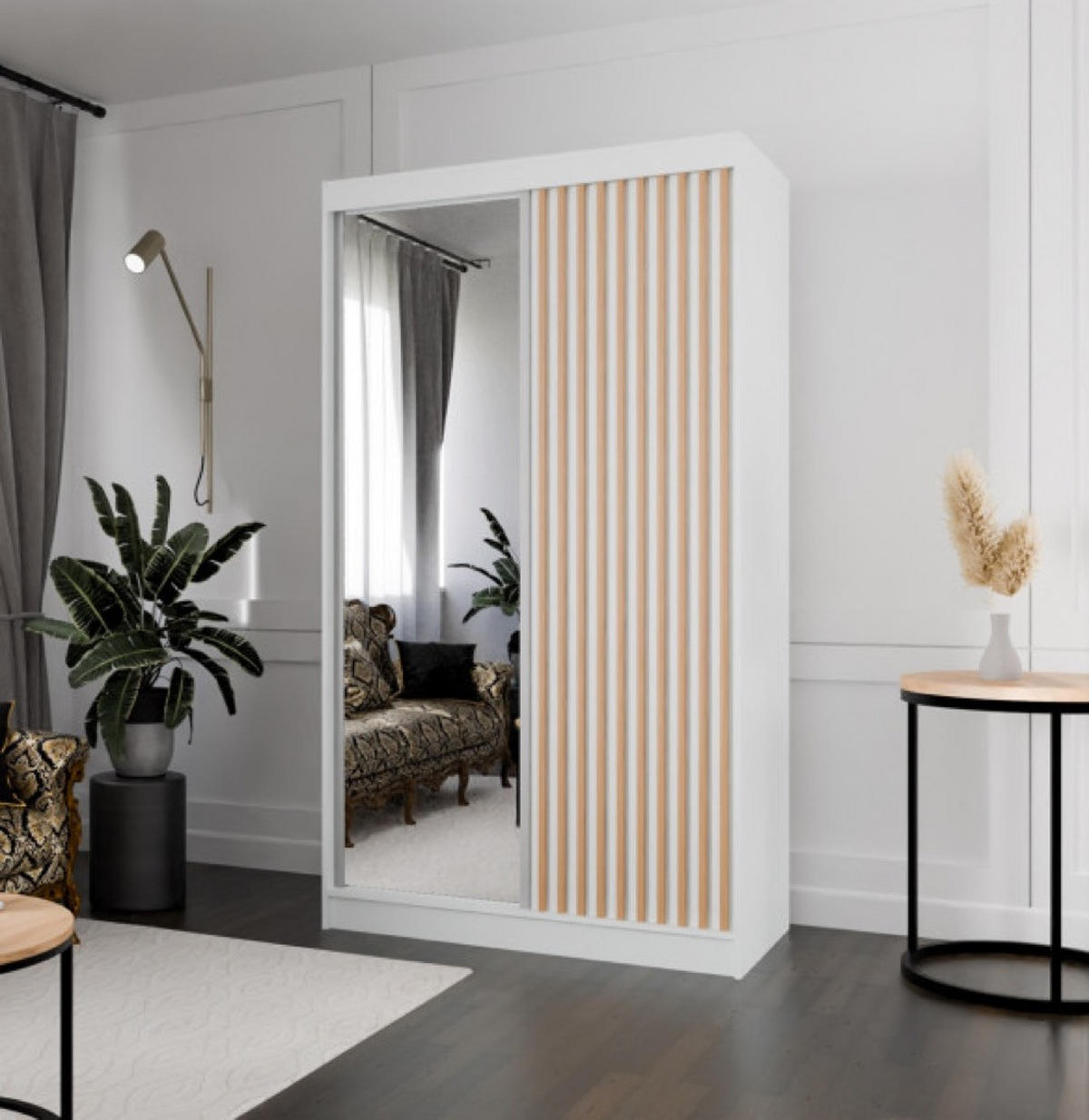SCHRANK Weiß Lamellen Mit Spiegel Craft Gold 120 cm - Weiß, Holzwerkstoff (120/215/61cm) - Sepro Meble