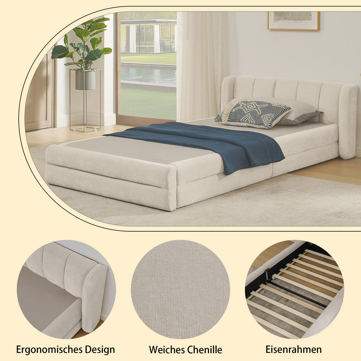 EINZELBETT 90x200 cm Chenille Rückenlehne beige - Beige, Kunststoff (90/200cm) - LEBENLANG