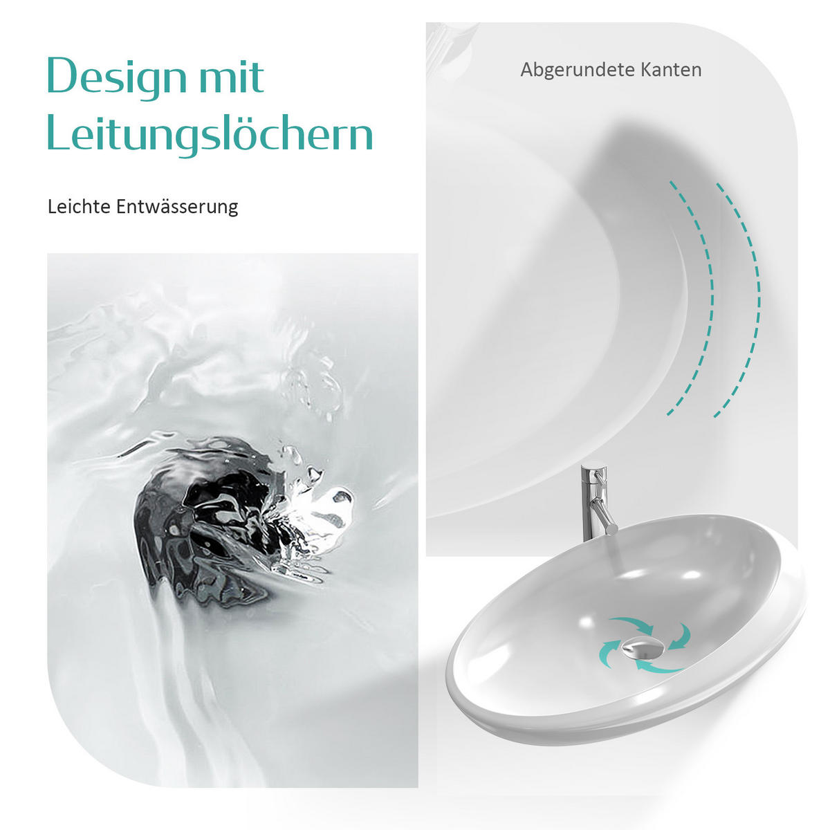 WASCHBECKEN Oval asymmetrisches Design Weiß 60/45/14,5 cm - Weiß Hochglanz, Keramik (45/14.5/60cm) - EMKE