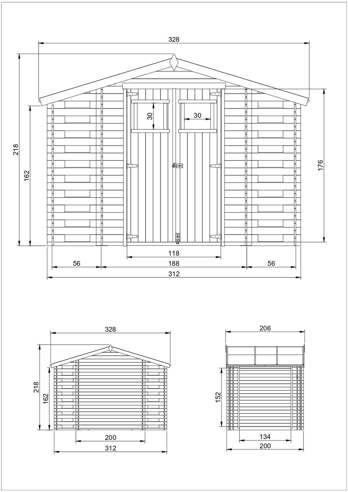 HOLZHAUS GARTENHAUS mit Brennholzschuppen M391 - B328xL206xH218 cm/ 3,53 + 0,97 + 0,97 m2 - Beige, Holz (328/218/206cm) - Timbela