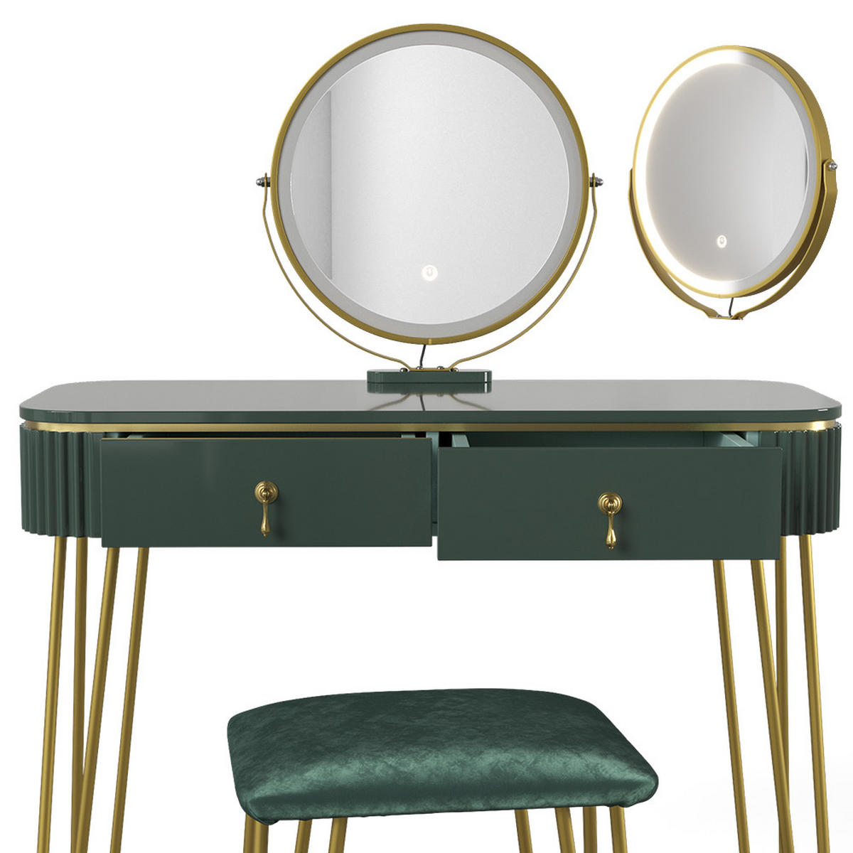 SCHMINKTISCH Grace Dunkelgrün Hochglanz 100 cm mit LED Beleuchtung und Hocker - Dunkelgrün, Holzwerkstoff (100/126/40cm) - Vicco