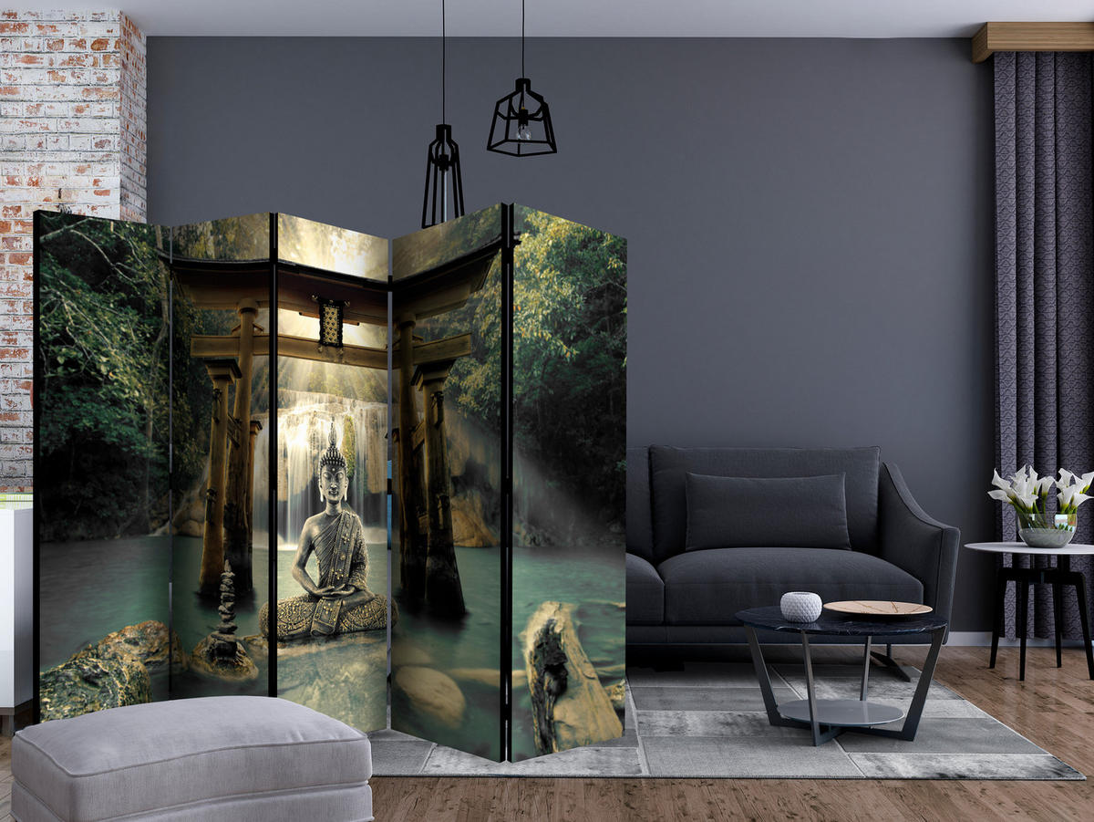 PARAVÁN Jednostranný 5-Dielny 225x172 cm Buddha a Vodopád - viacfarebná, drevo/textil (225/172/3cm) - Muralo