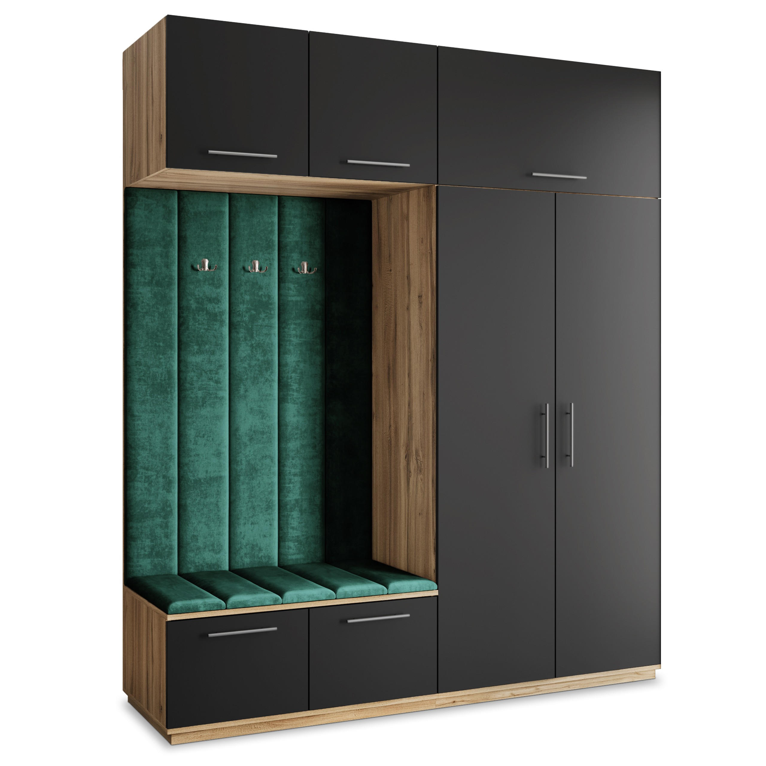 Masseno Garderobenschrank Eiche Wotan, Schwarz, Grün 200x240x60 cm