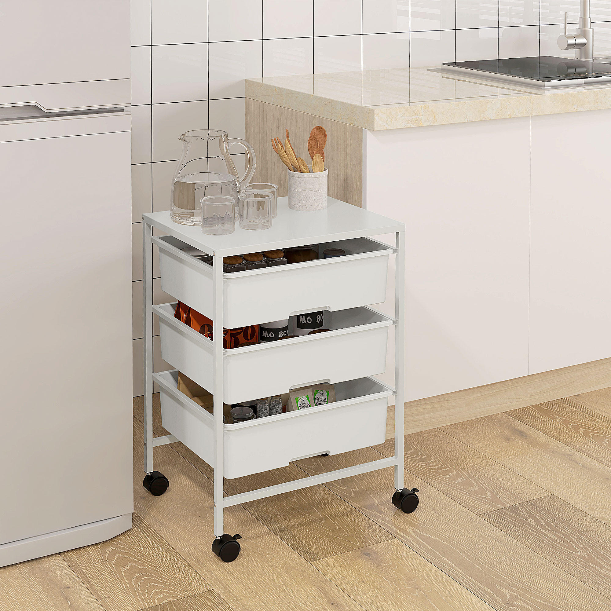 ROLLWAGEN, Servierwagen mit 3 Etagen, 40,8 x 33,5 x 60,5 cm, Weiß - Weiß, Metall (40.8/60.5/33.5cm) - HOMCOM