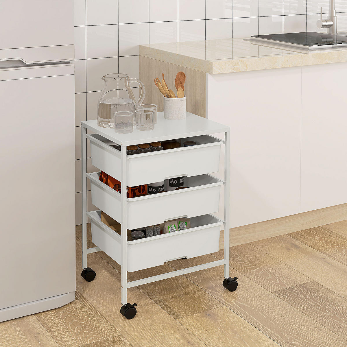 ROLLWAGEN, Servierwagen mit 3 Etagen, 40,8 x 33,5 x 60,5 cm, Weiß - Weiß, Metall (40.8/60.5/33.5cm) - HOMCOM