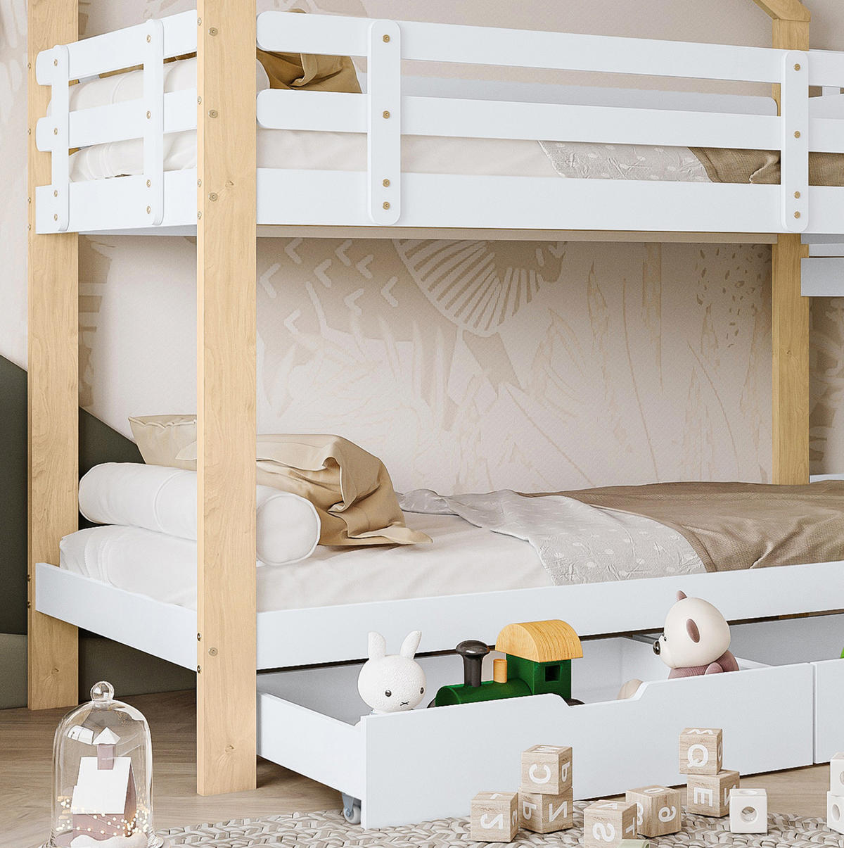 ETAGENBETT aus Kiefer und MDF 90x200 cm Weiß/Natur mit Rutsche, Leiter, 2 Schubladen und Hausdesign - Weiß, Holzwerkstoff (90/200cm) - Modfu