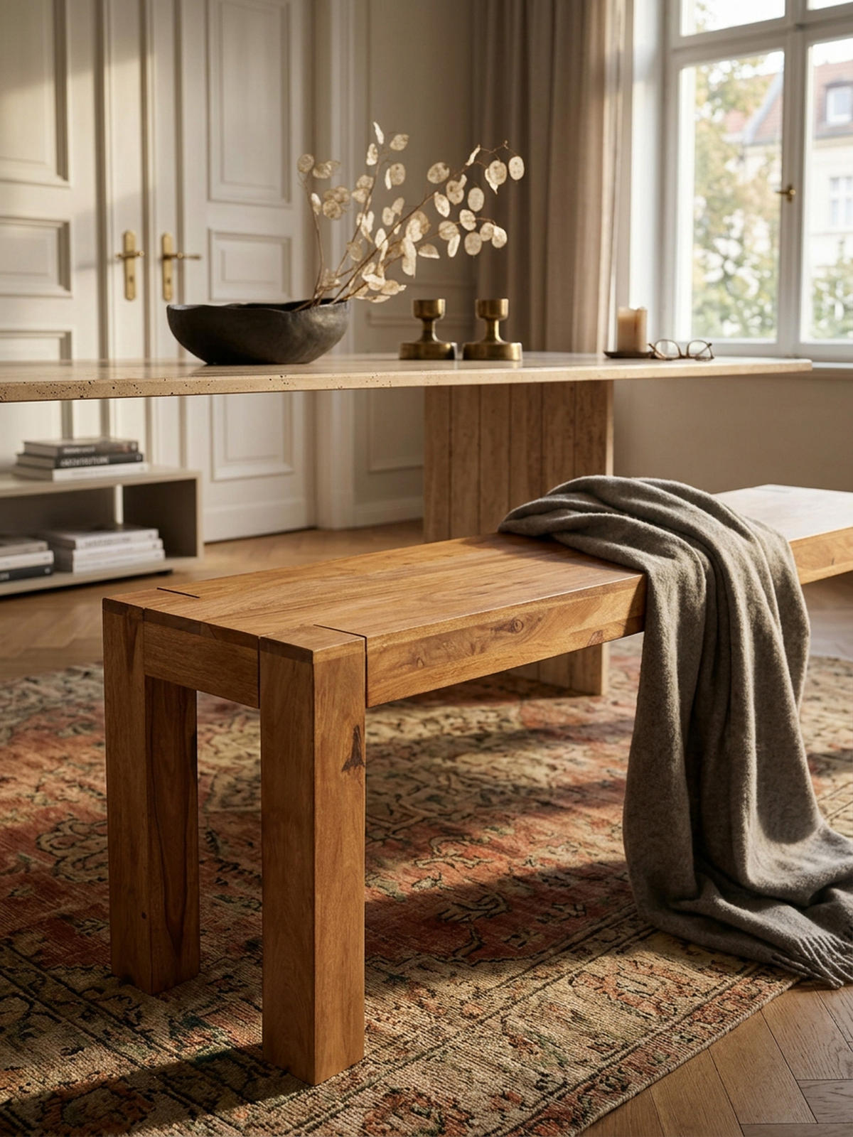 SITZBANK Massivholz Landhausstil handgefertigt, Beige 140x35x45 cm - Beige, Holz (140/45/35cm) - KADIMA DESIGN