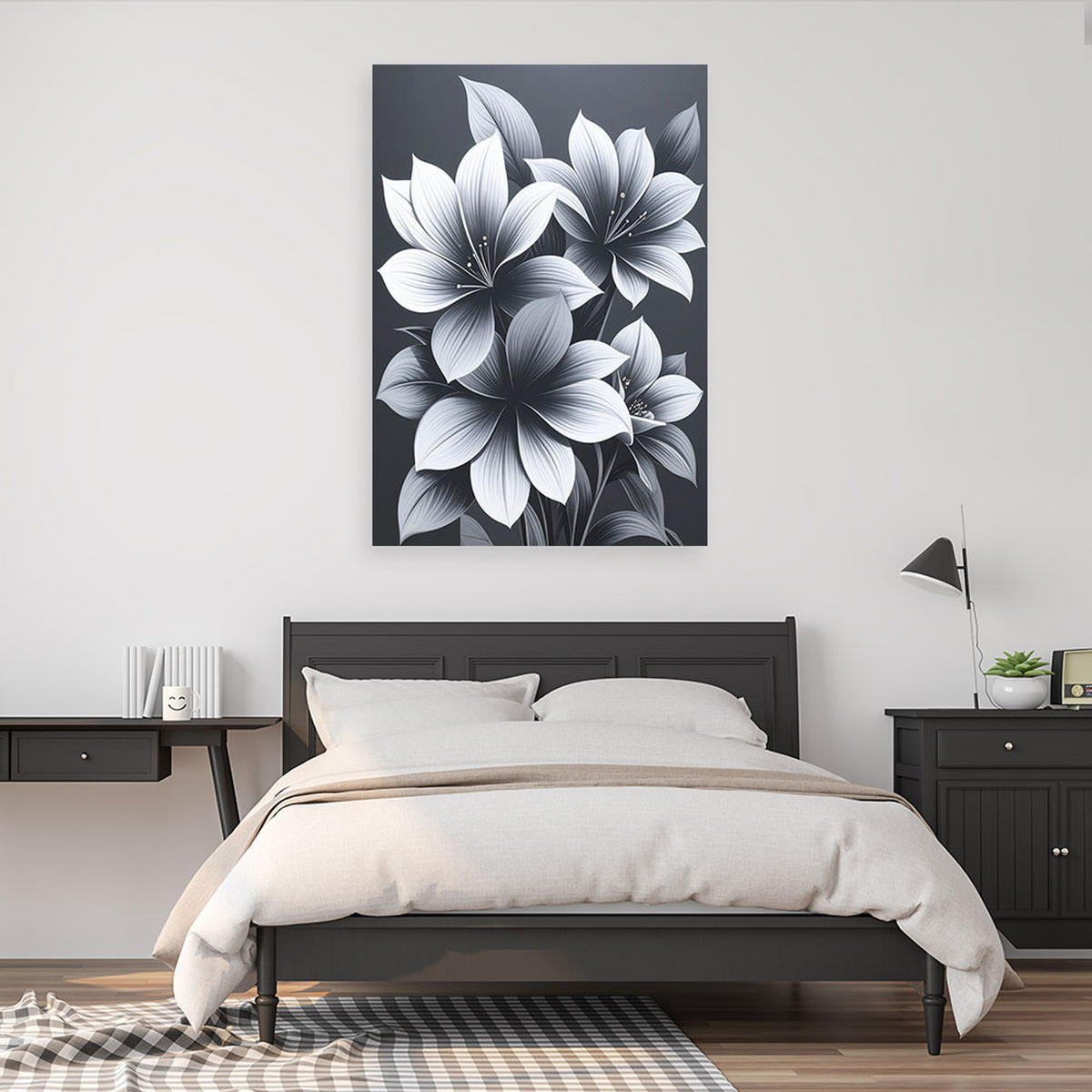 LEINWANDBILDER, Weiße Blüten auf schwarzem Hintergrund in einer eleganten Komposition - Grau, Textil (40/60cm) - Feeby