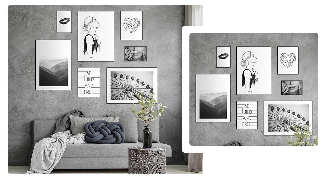 Wandgestaltung im Wohnzimmer - Gallery Wall in Black and White auf grauer Wand, graues Sofa