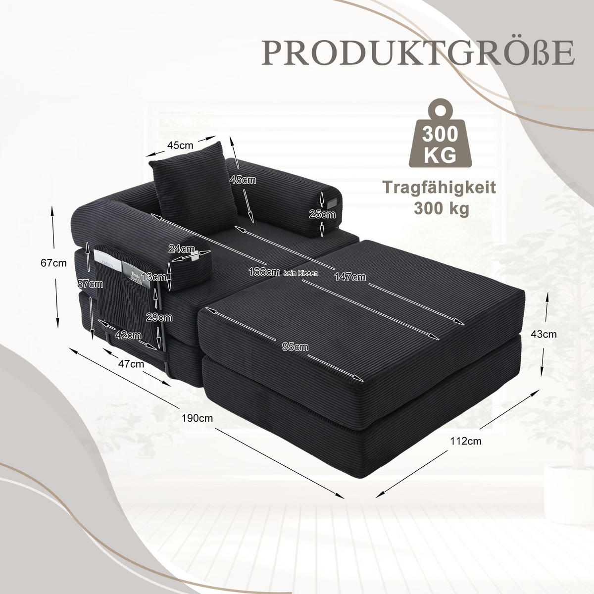 SOFA Cord Schwarz mit Kissen und Hocker - Schwarz, Textil/Metall (112/67/190cm) - WISHDOR