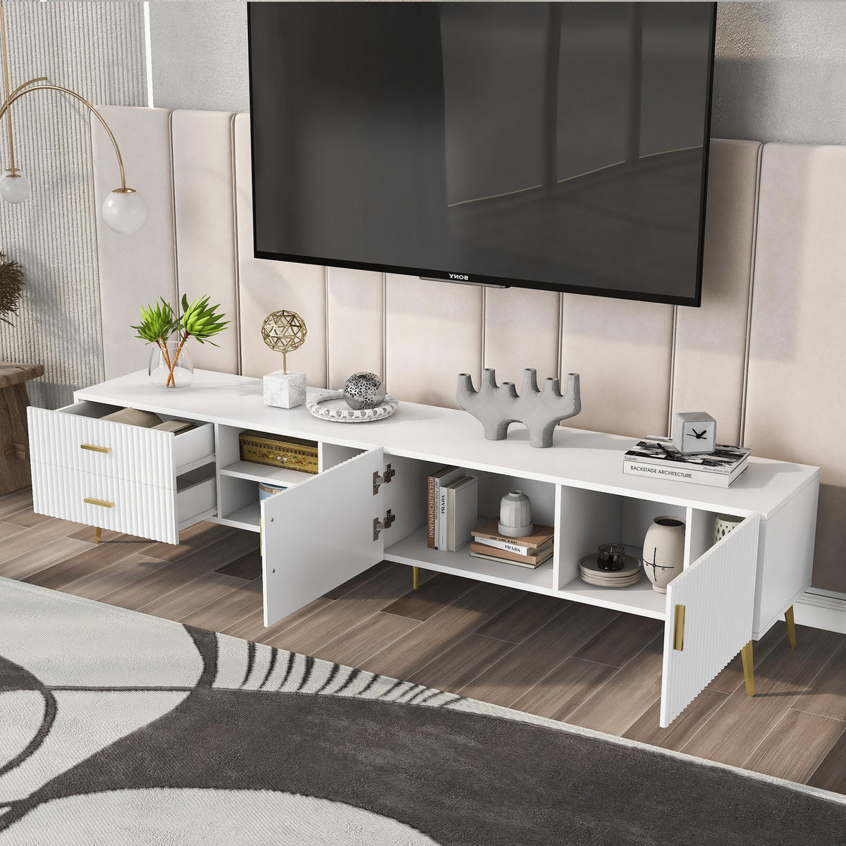 TV-LOWBOARD aus MDF 180x35x41 cm Weiß mit 2 Schubladen, 2 Türen und 3 offenen Fächern - Weiß, Holzwerkstoff (180/44/35cm) - Modfu