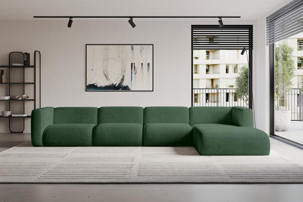 ECKSOFA Ottomane Rechts MIRA-L3 409x179x70 Grün Cord - Salbeigrün/Schwarz, Holzwerkstoff/Kunststoff (409/179cm) - ALTDECOR
