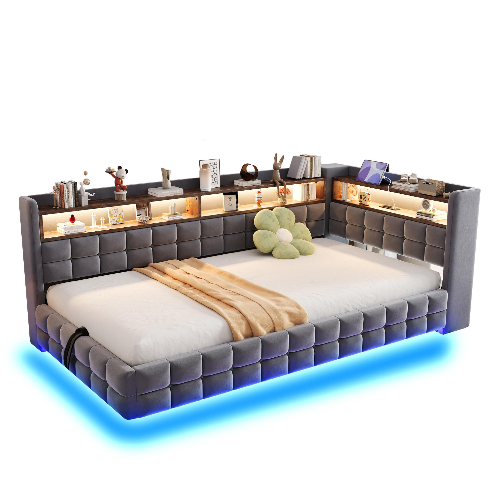 POLSTERBETT 90x200cm Schlafsofa LED Stauraum USB Samt Grau - Grau, Textil (90/200cm) - FLIEKS