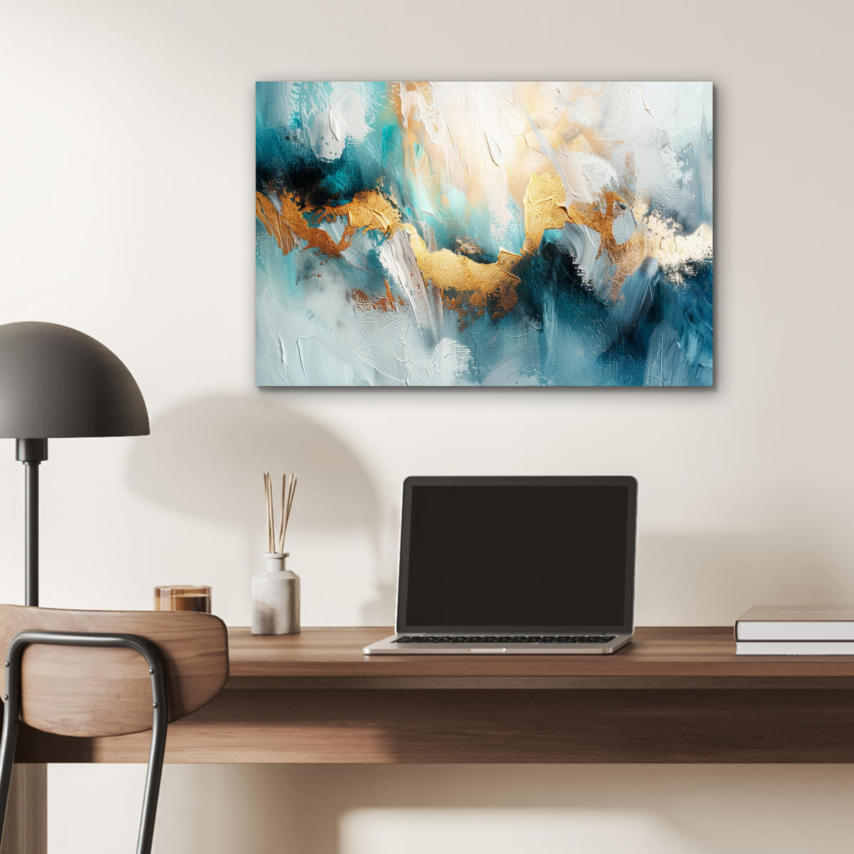 METALLBILD Abstrakt - Kunst - Gold - Blau 60x40 cm - Petrol, Metall (60/40cm) - MuchoWow
