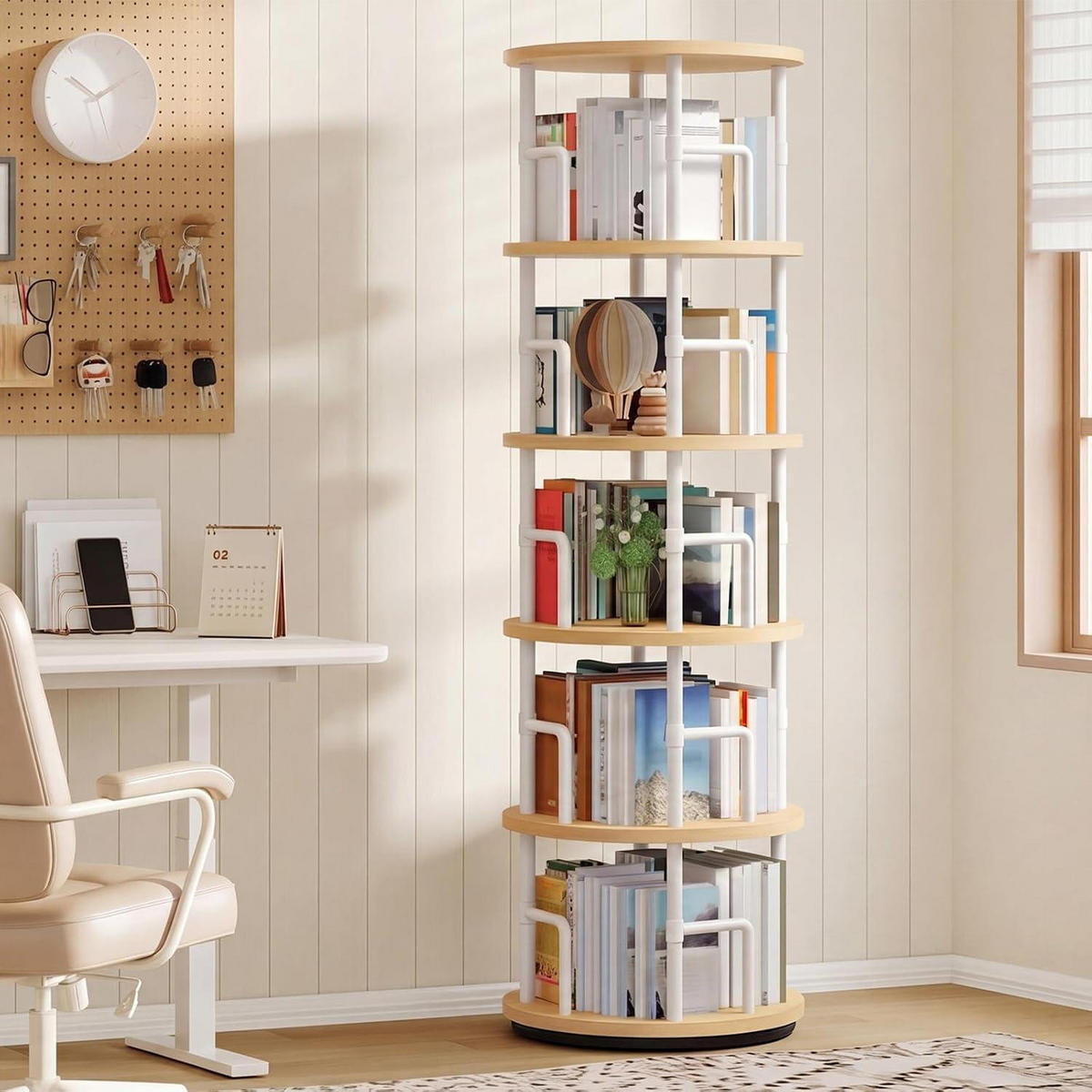 BÜCHERREGAL drehbar 5 Ebenen Natur und Weiß 40 x 40 x 160 cm - Weiß, Holzwerkstoff (40/160/40cm)
