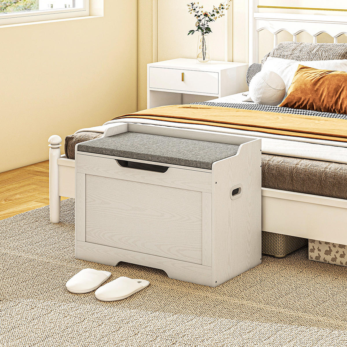 103 Liter Aufbewahrungstruhe mit Deckel, Sitzfläche, Sitztruhe mit Stauraum - Weiß/Grau, Kunststoff/Textil (40/56/75cm) - HOMCOM