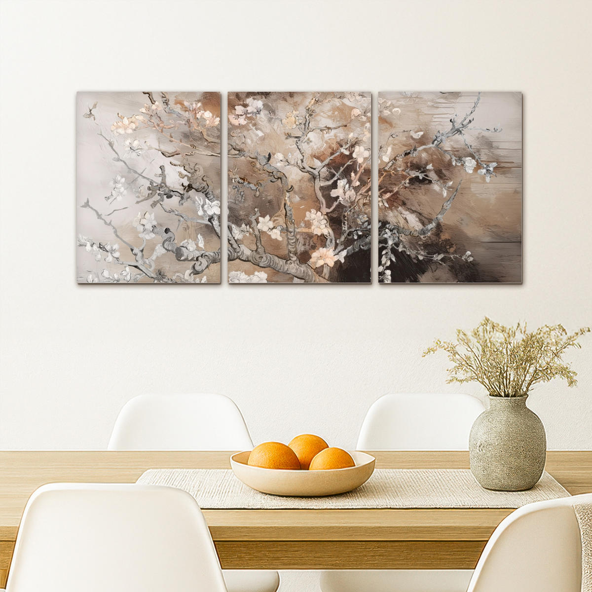 LEINWANDBILD 3er Set Mandelblüte - Abstrakt - Beige 90x40 cm - Beige, Textil (90/40cm) - MuchoWow